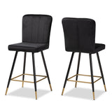 Preston Modern Luxe and Glam Velvet Fabric Upholstered and Two-Tone Black and Gold Finished Metal 2-Piece Bar Stool Set