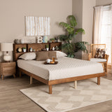 Lochlan Mid-Century Modern Transitional Walnut Brown Finished Wood Queen Size Platform Bed with Charging Station