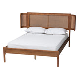 Eridian Mid-Century Modern Walnut Brown Finished Wood and Natural Rattan Platform Bed