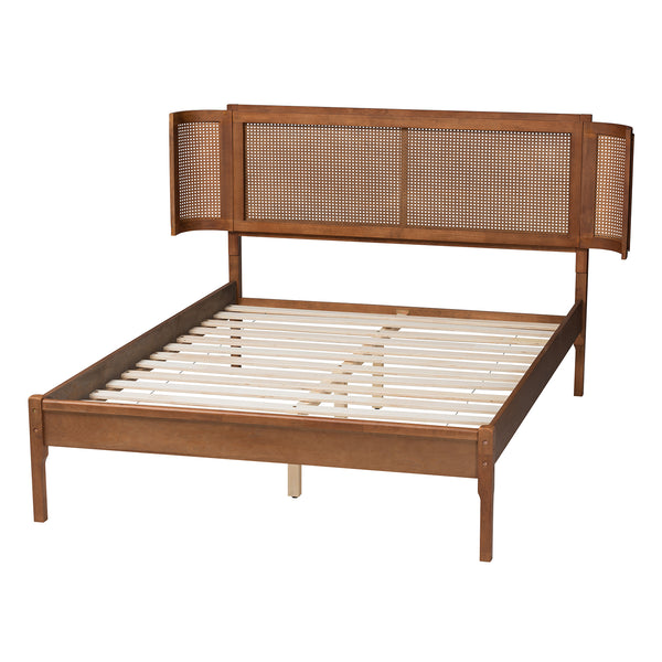 Baxton Studio Eridian Mid-Century Modern Walnut Brown Finished Wood and Natural Rattan Queen Size Platform Bed