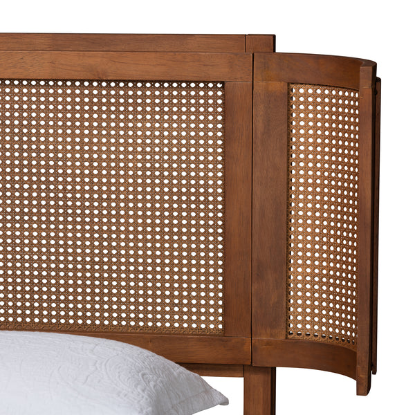 Baxton Studio Eridian Mid-Century Modern Walnut Brown Finished Wood and Natural Rattan Queen Size Platform Bed