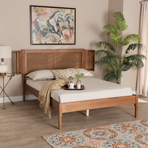 Baxton Studio Eridian Mid-Century Modern Walnut Brown Finished Wood and Natural Rattan Queen Size Platform Bed
