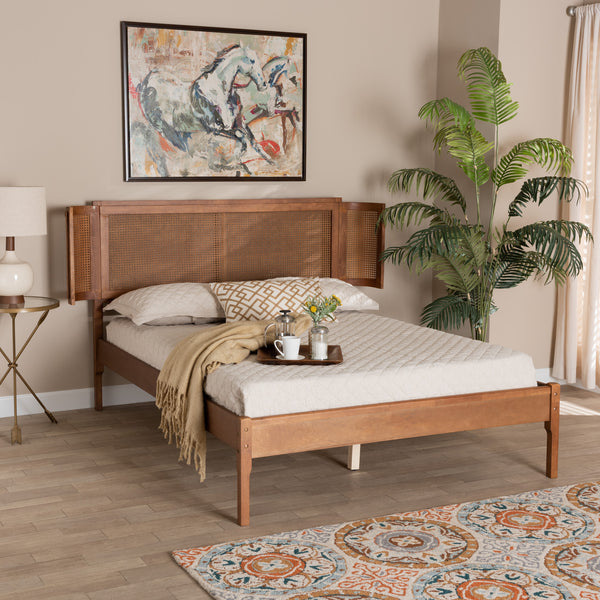 Baxton Studio Eridian Mid-Century Modern Walnut Brown Finished Wood and Natural Rattan Queen Size Platform Bed