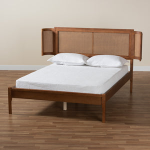 Baxton Studio Eridian Mid-Century Modern Walnut Brown Finished Wood and Natural Rattan Queen Size Platform Bed
