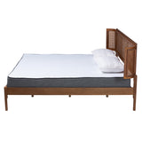 Baxton Studio Eridian Mid-Century Modern Walnut Brown Finished Wood and Natural Rattan King Size Platform Bed