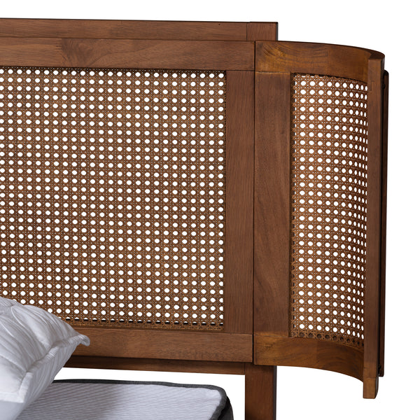 Baxton Studio Eridian Mid-Century Modern Walnut Brown Finished Wood and Natural Rattan King Size Platform Bed