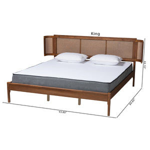 Baxton Studio Eridian Mid-Century Modern Walnut Brown Finished Wood and Natural Rattan King Size Platform Bed