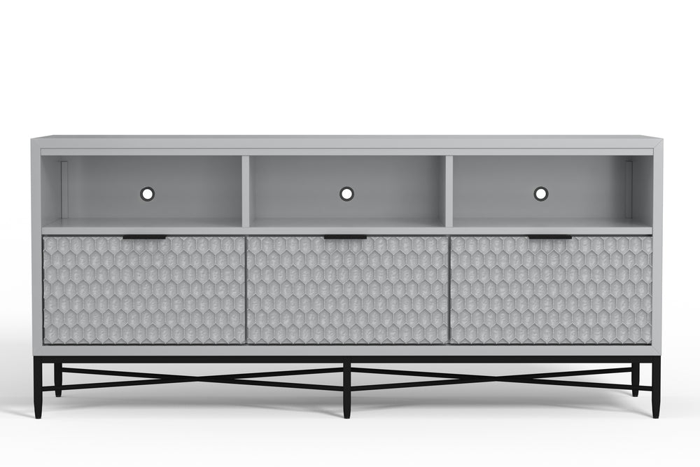 Milo TV Console in Light Slate Grey – Stylish Mahogany Storage with Textured Drawers & Open Shelves
