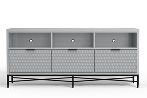 Milo TV Console in Light Slate Grey – Stylish Mahogany Storage with Textured Drawers & Open Shelves