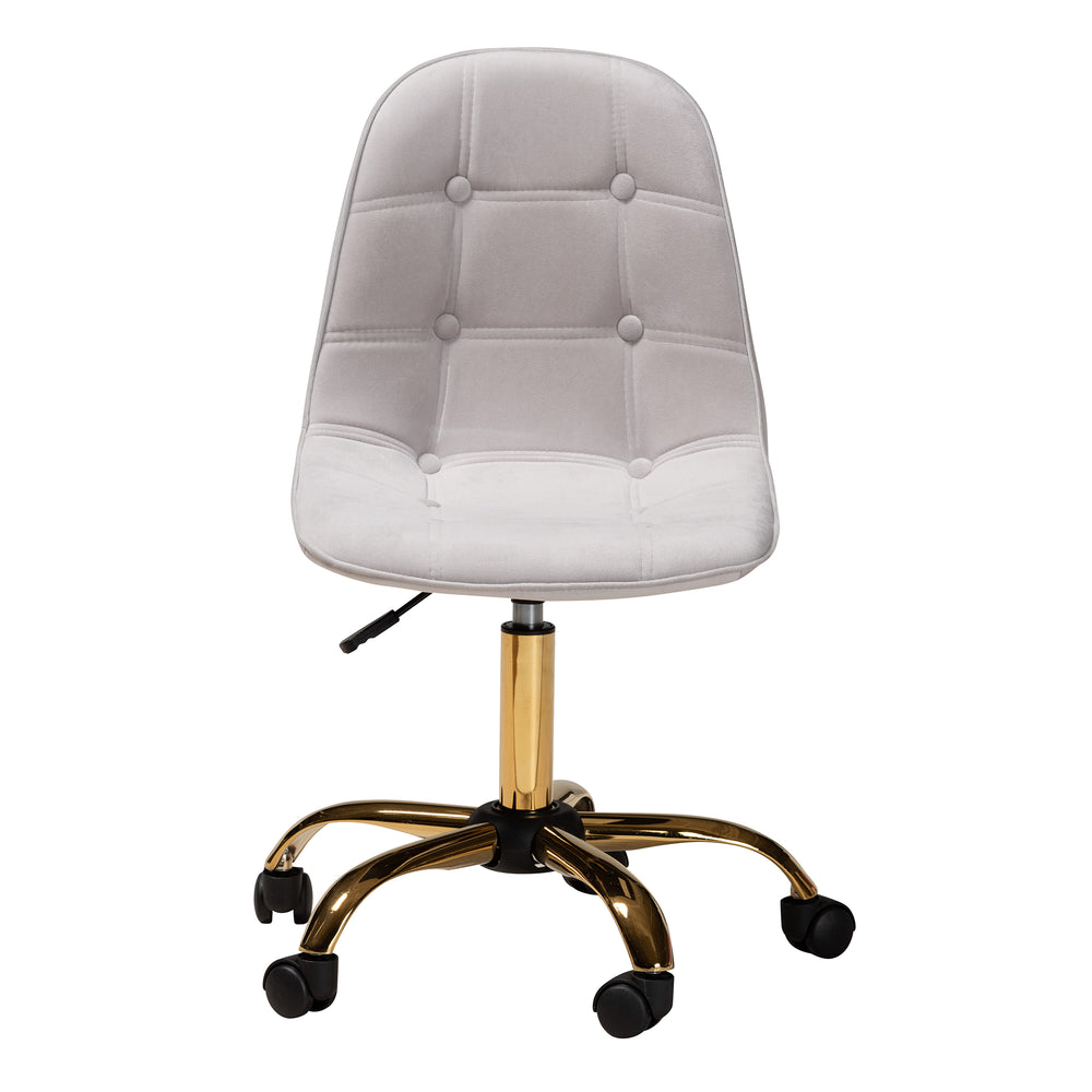 Kabira Contemporary Glam and Luxe Grey Velvet Fabric and Gold Metal Swivel Office chair