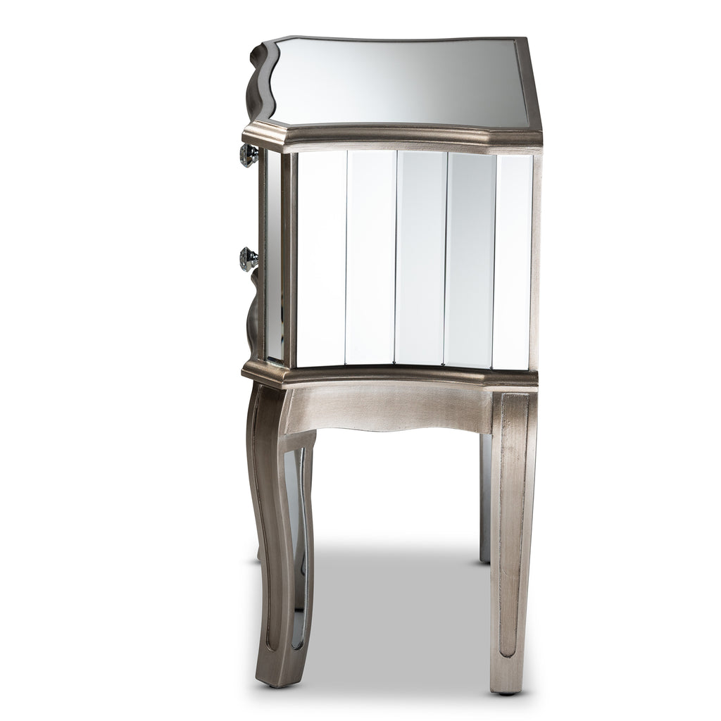 Elgin Contemporary Glam and Luxe Brushed Silver Finished Wood and Mirrored Glass Nightstand