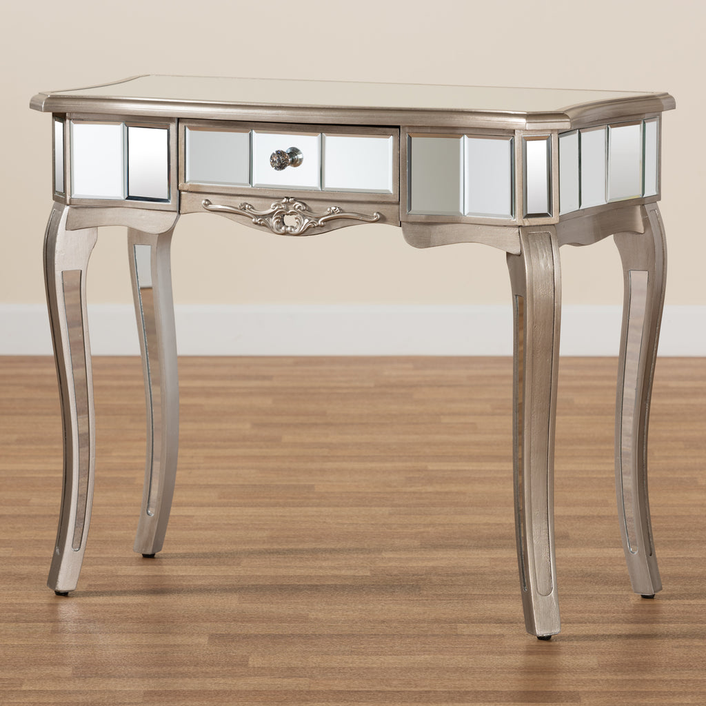 Elgin Contemporary Glam and Luxe Brushed Silver Finished Wood and Mirrored Glass Console Table