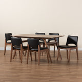 Baxton Studio Afton Mid-Century Modern Black Faux Leather Upholstered and Walnut Brown Finished Wood 7-Piece Dining Set