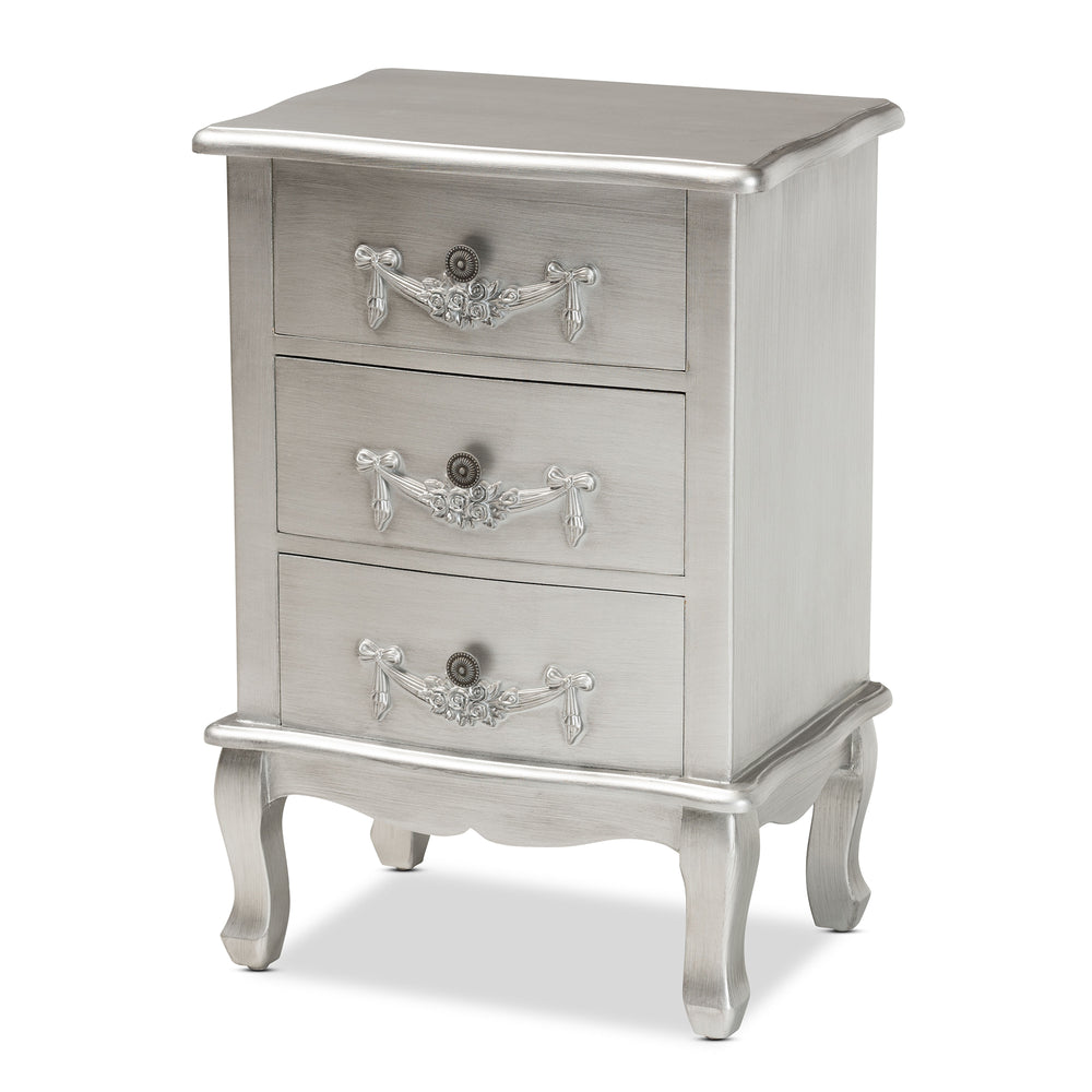 Baxton Studio Callen Classic and Traditional Brushed Silver Finished Wood 3-Drawer Nightstand