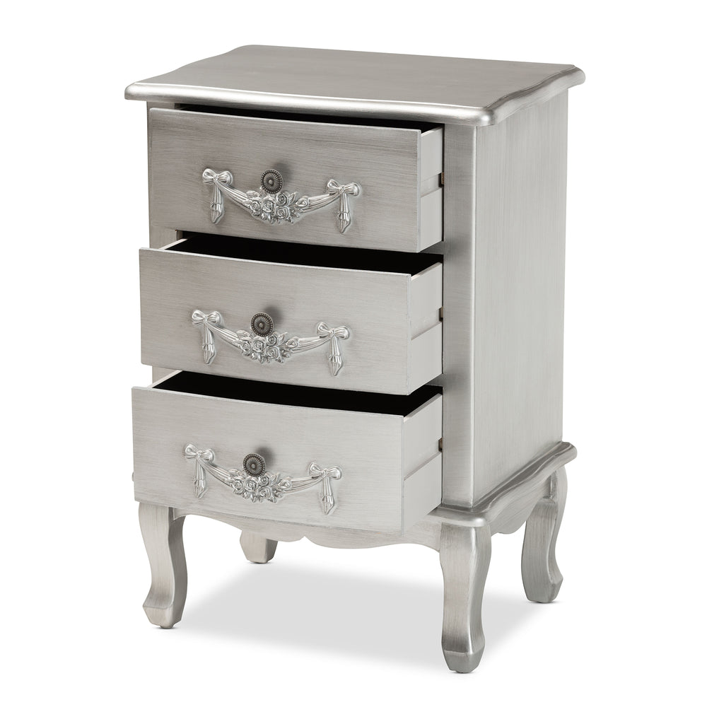 Baxton Studio Callen Classic and Traditional Brushed Silver Finished Wood 3-Drawer Nightstand