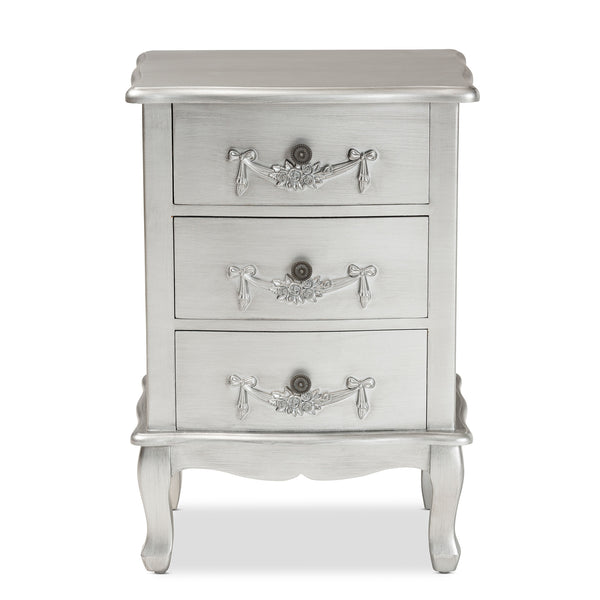 Baxton Studio Callen Classic and Traditional Brushed Silver Finished Wood 3-Drawer Nightstand