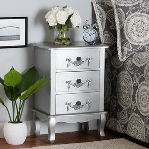 Baxton Studio Callen Classic and Traditional Brushed Silver Finished Wood 3-Drawer Nightstand