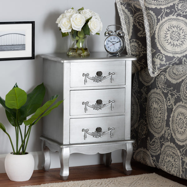 Baxton Studio Callen Classic and Traditional Brushed Silver Finished Wood 3-Drawer Nightstand