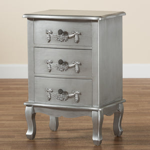 Baxton Studio Callen Classic and Traditional Brushed Silver Finished Wood 3-Drawer Nightstand