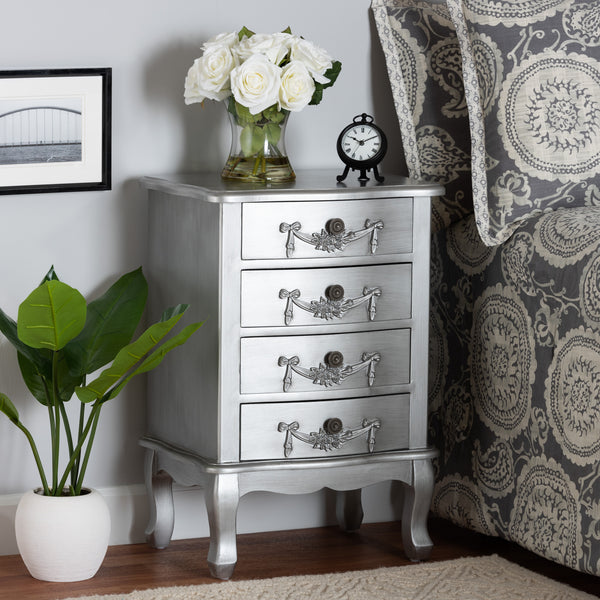 Baxton Studio Callen Classic and Traditional Brushed Silver Finished Wood 4-Drawer Nightstand