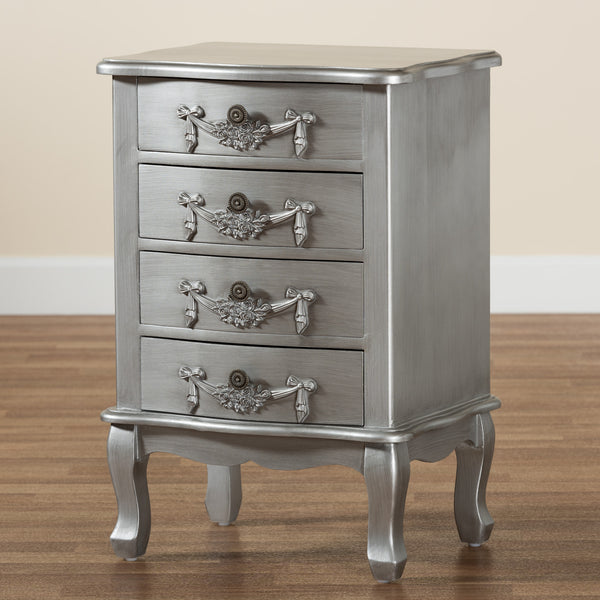 Baxton Studio Callen Classic and Traditional Brushed Silver Finished Wood 4-Drawer Nightstand