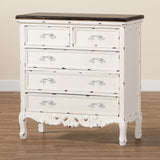 Levron Classic and Traditional Two-Tone Walnut Brown and Antique White Finished Wood 5-Drawer Storage Cabinet