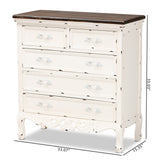 Levron Classic and Traditional Two-Tone Walnut Brown and Antique White Finished Wood 5-Drawer Storage Cabinet