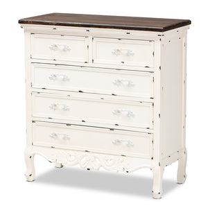 Levron Classic and Traditional Two-Tone Walnut Brown and Antique White Finished Wood 5-Drawer Storage Cabinet