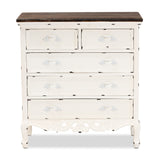 Levron Classic and Traditional Two-Tone Walnut Brown and Antique White Finished Wood 5-Drawer Storage Cabinet