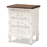 Levron Classic and Traditional Walnut Brown and Antique White Finished Wood 3-Drawer Nightstand