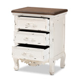 Levron Classic and Traditional Walnut Brown and Antique White Finished Wood 3-Drawer Nightstand