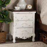 Levron Classic and Traditional Walnut Brown and Antique White Finished Wood 3-Drawer Nightstand