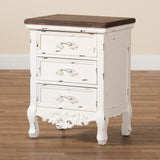 Levron Classic and Traditional Walnut Brown and Antique White Finished Wood 3-Drawer Nightstand