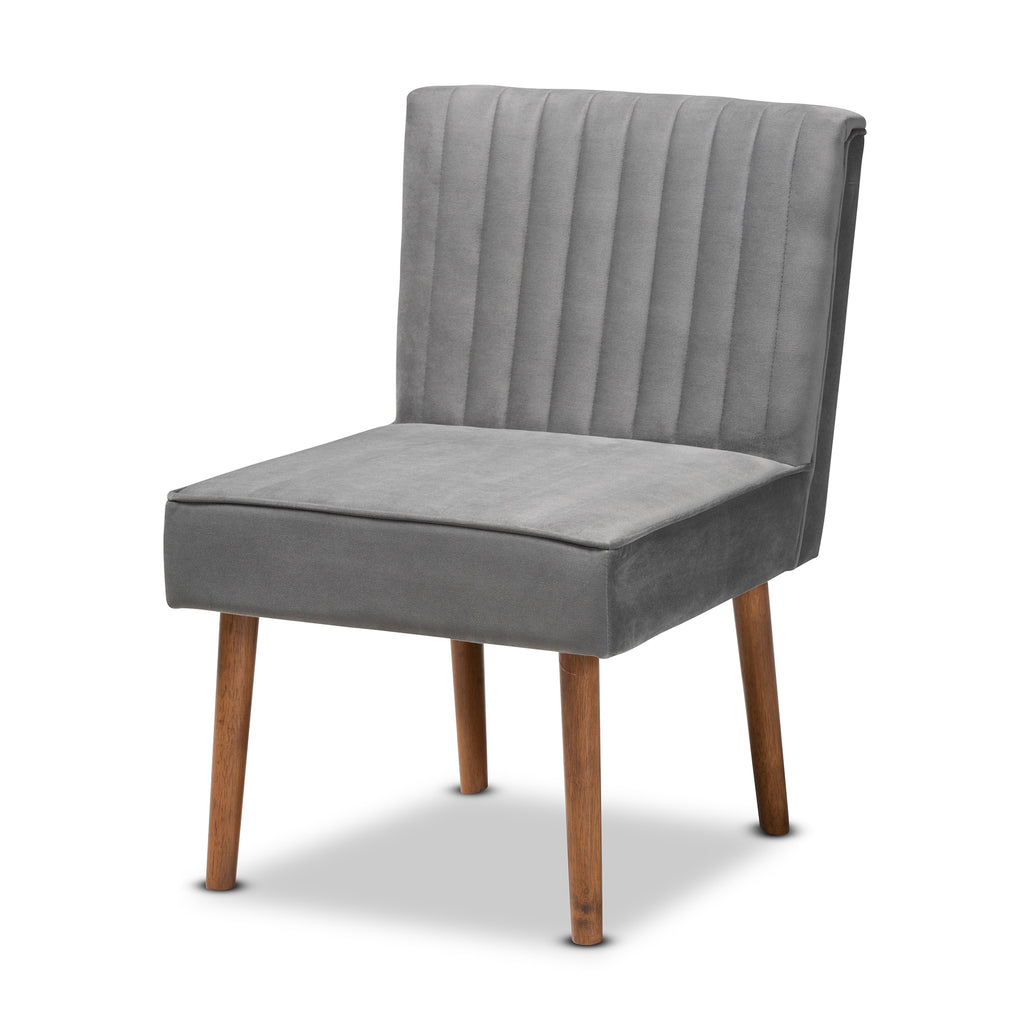 Baxton Studio Alvis Mid-Century Modern Grey Velvet Upholstered and Walnut Brown Finished Wood Dining Chair