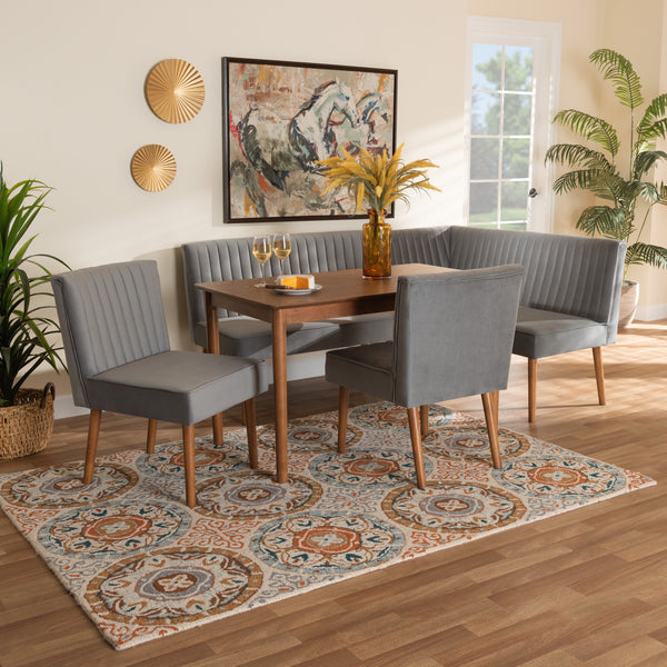 Baxton Studio Alvis Mid-Century Modern Grey Velvet Upholstered and Walnut Brown Finished Wood 5-Piece Dining Nook Set