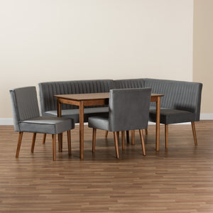 Baxton Studio Alvis Mid-Century Modern Grey Velvet Upholstered and Walnut Brown Finished Wood 5-Piece Dining Nook Set