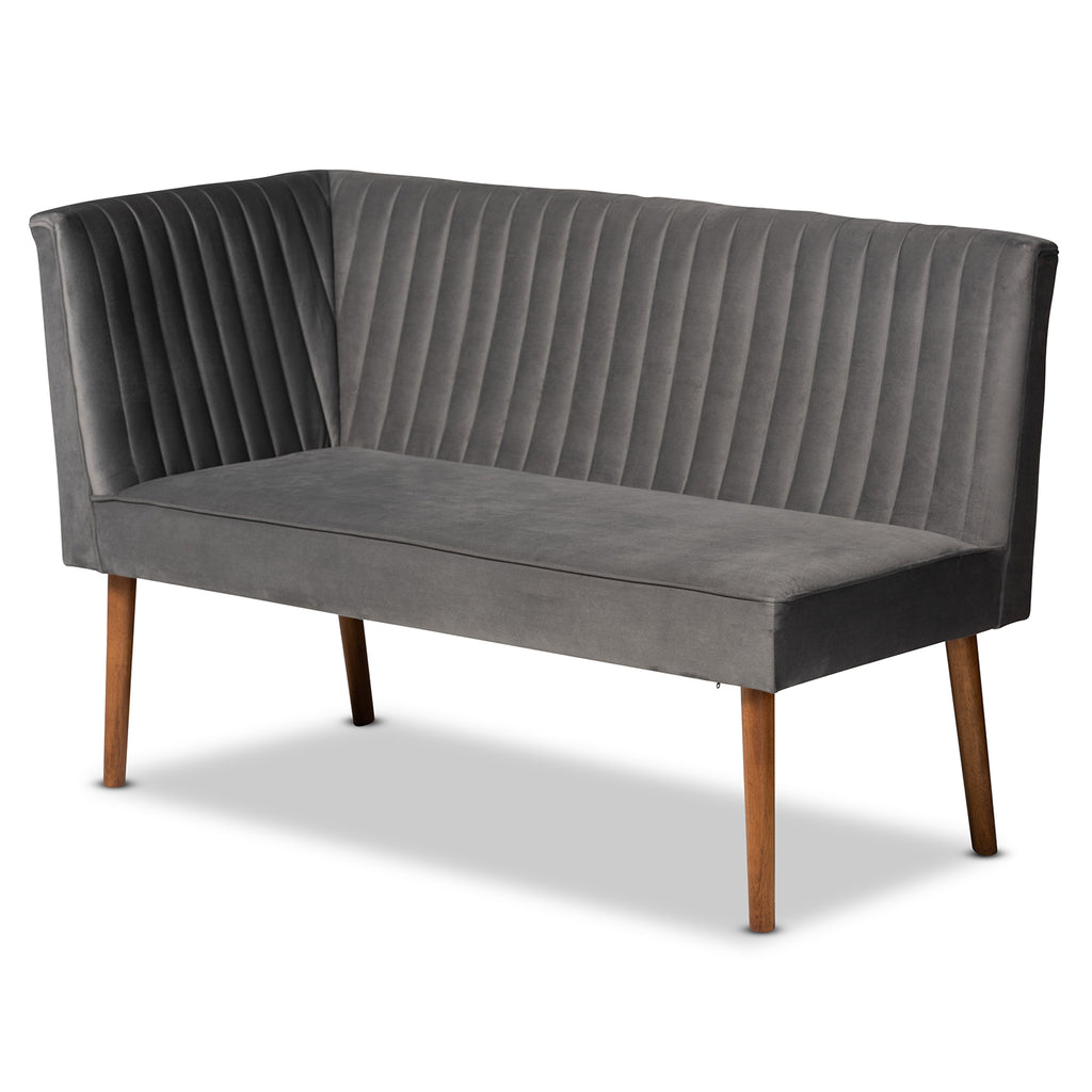 Baxton Studio Alvis Mid-Century Modern Grey Velvet Upholstered and Walnut Brown Finished Wood 5-Piece Dining Nook Set