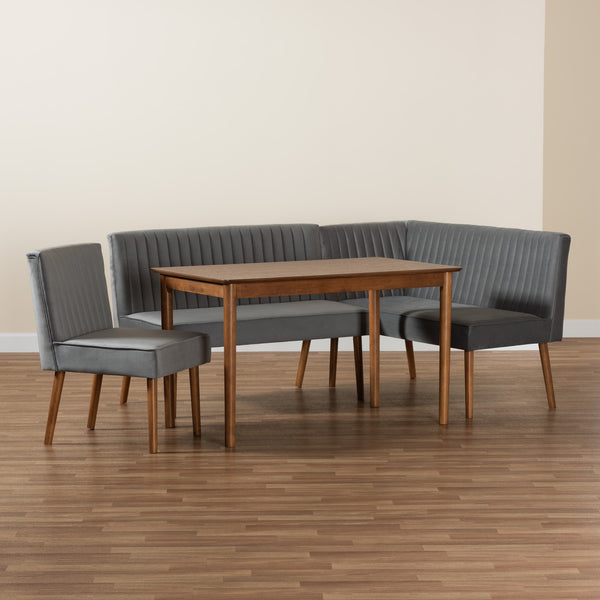 Baxton Studio Alvis Mid-Century Modern Grey Velvet Upholstered and Walnut Brown Finished Wood 4-Piece Dining Nook Set