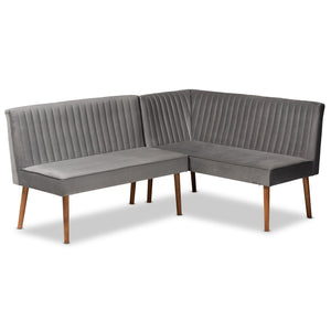 Baxton Studio Alvis Mid-Century Modern Grey Velvet Upholstered and Walnut Brown Finished Wood 2-Piece Dining Nook Banquette Set