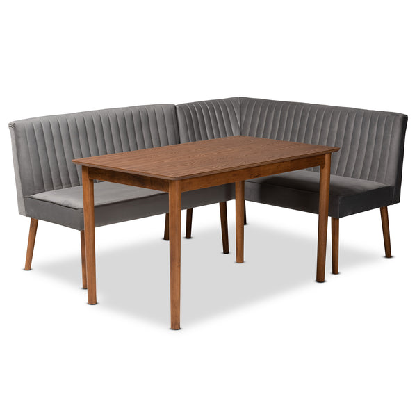 Baxton Studio Alvis Mid-Century Modern Grey Velvet Upholstered and Walnut Brown Finished Wood 3-Piece Dining Nook Set