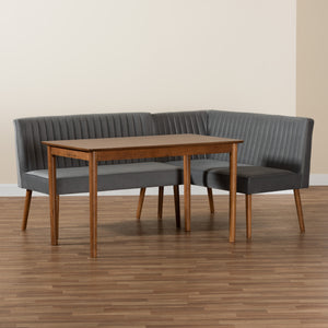 Baxton Studio Alvis Mid-Century Modern Grey Velvet Upholstered and Walnut Brown Finished Wood 3-Piece Dining Nook Set