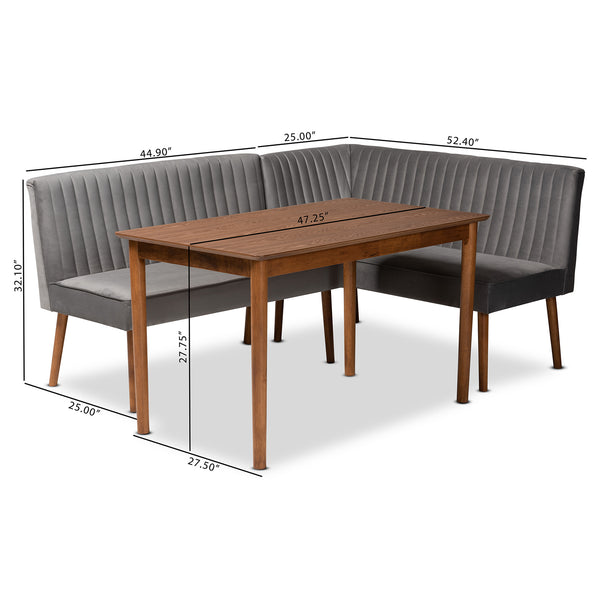 Baxton Studio Alvis Mid-Century Modern Grey Velvet Upholstered and Walnut Brown Finished Wood 3-Piece Dining Nook Set