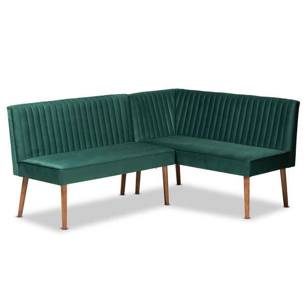 Baxton Studio Alvis Mid-Century Modern Emerald Green Velvet Upholstered and Walnut Brown Finished Wood 2-Piece Dining Nook Banquette Set