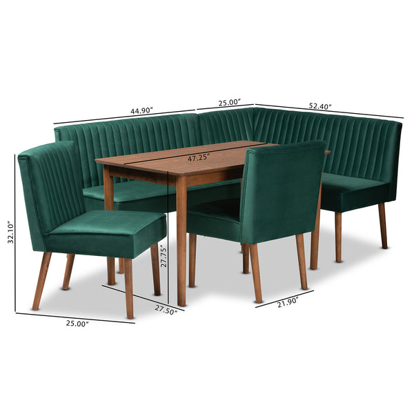 Baxton Studio Alvis Mid-Century Modern Emerald Green Velvet Upholstered and Walnut Brown Finished Wood 5-Piece Dining Nook Set