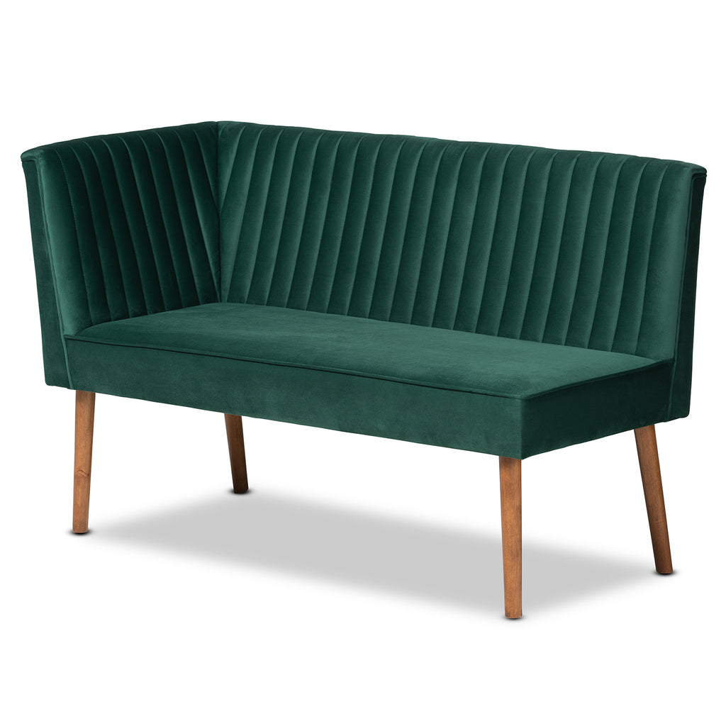 Baxton Studio Alvis Mid-Century Modern Emerald Green Velvet Upholstered and Walnut Brown Finished Wood 5-Piece Dining Nook Set
