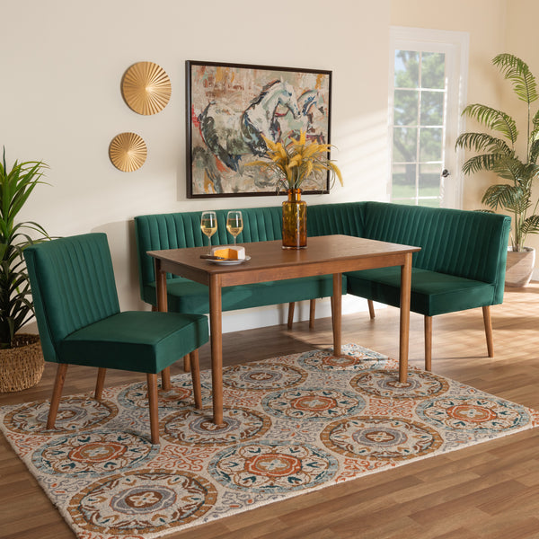 Baxton Studio Alvis Mid-Century Modern Emerald Green Velvet Upholstered and Walnut Brown Finished Wood 4-Piece Dining Nook Set