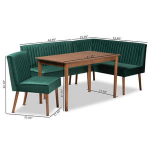 Baxton Studio Alvis Mid-Century Modern Emerald Green Velvet Upholstered and Walnut Brown Finished Wood 4-Piece Dining Nook Set