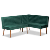 Alvis Mid-Century Modern Velvet Upholstered and Walnut Brown Finished Wood 2-Piece Dining Nook Banquette Set