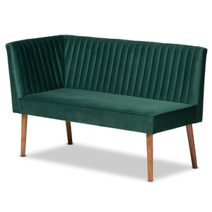 Baxton Studio Alvis Mid-Century Modern Emerald Green Velvet Upholstered and Walnut Brown Finished Wood 2-Piece Dining Nook Banquette Set