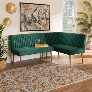Baxton Studio Alvis Mid-Century Modern Emerald Green Velvet Upholstered and Walnut Brown Finished Wood 2-Piece Dining Nook Banquette Set